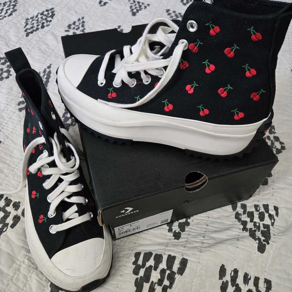 Converse Run Star Hike Hi Sneakers - Black and Red Embroidered Cherry